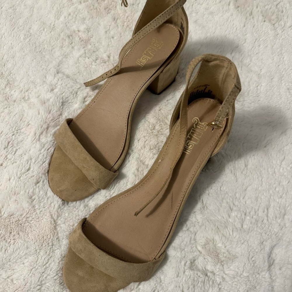 tan suede open toe ankle strap heels w/ block heel